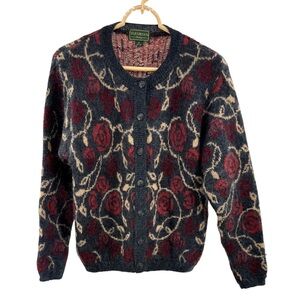 Vintage Equorian Heritage Mohair Cardigan Gray Red Roses Buttons floral preppy s
